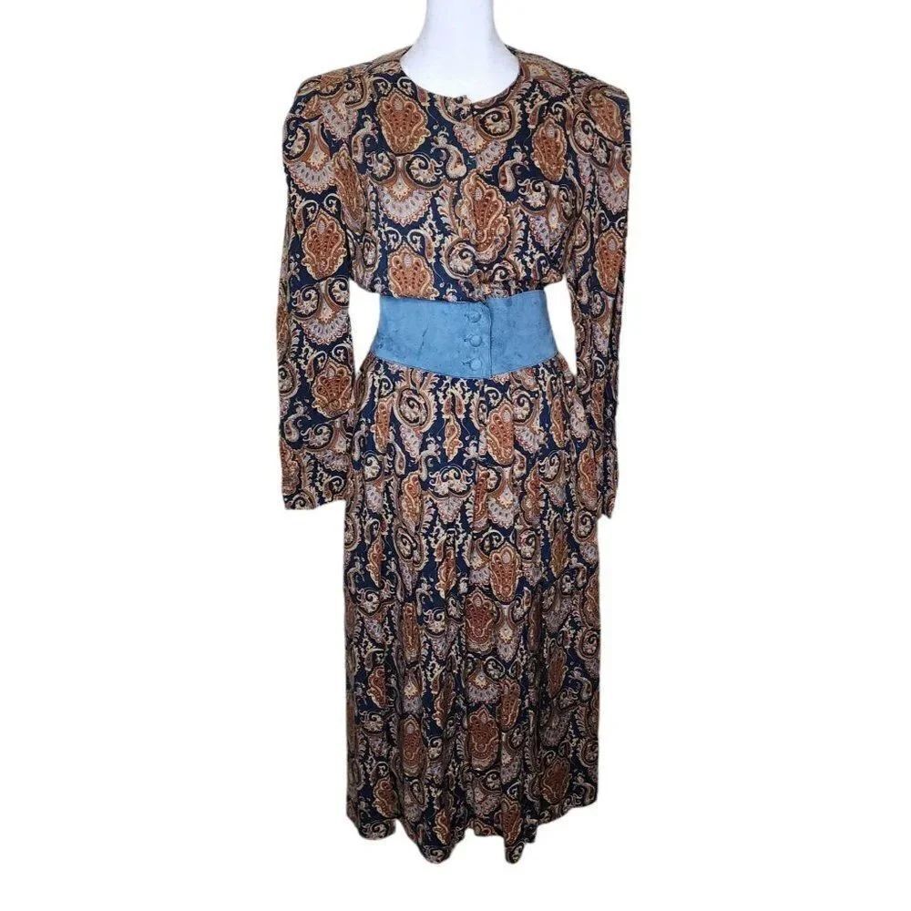 Vintage 80s Pleated Shirt Dress Womens Size S Black Blue Paisley